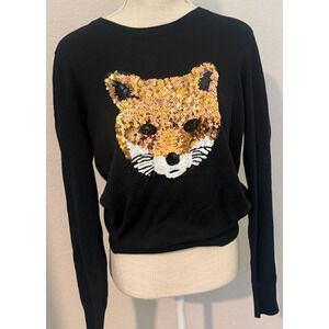 French Connection Gold Brown Sequin Fox Black Cotton Sweater Glam Maximalist - L